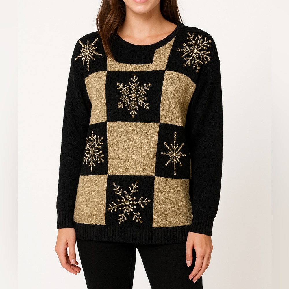 Vintage Eminent Black & Gold Embellished Snowflake Sweater Women’s Medium Glam